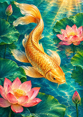 Golden Koi Fish in Lotus Pond