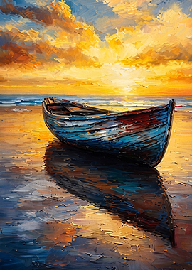 Sunset Boat Impasto Oil Painting Ar