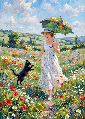 Woman Playing with Cat in Meadow