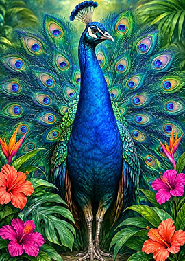 Majestic Peacock in Tropical Garden