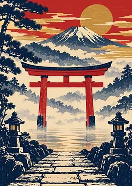 Red Torii Gate in Morning Mist – Japanese Ukiyo-e Woodblock Art Print