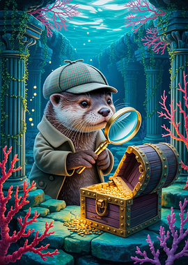Cute Explorer Otter with Magnifying Glass and Treasure Chest in a Magical Underwater Ruins
