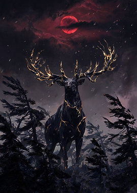 Majestic Obsidian Stag Under Blood Moon