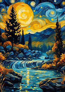 Starry River Landscape Impasto Art