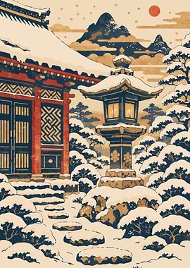 Snowy Japanese Temple Garden Scene