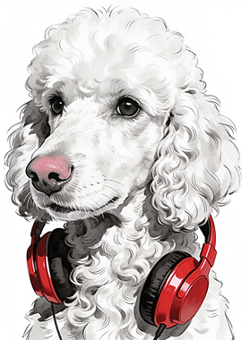 White Poodle Wearing Red Headphones