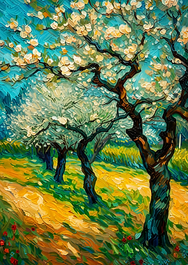 Almond Blossom Impasto Oil Art Post