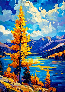 Autumn Lake Mountain Impasto Art