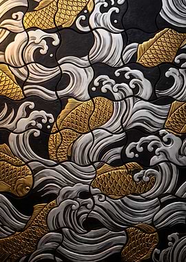 Gold Koi and Silver Waves in Metal