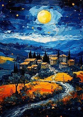 Tuscan Moon Night Impasto Art Poste