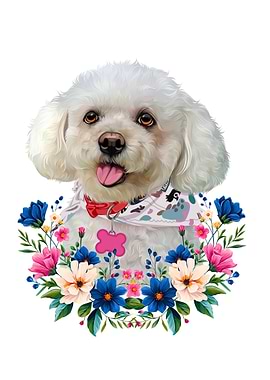 Cute Bichon Frise with Floral Wreath