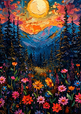 Forest Wildflower Moon Impasto Art