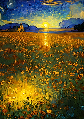 Sunset Meadow Landscape Impasto Art