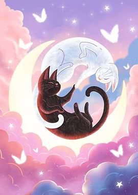 Yin Yang Cats on Crescent Moon