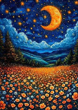 Starry Night Floral Moon Impasto Ar