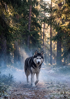 Siberian Husky in Misty Forest