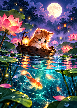 Cute Kitten in Boat at Night