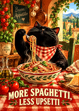Black Cat Eating Spaghetti