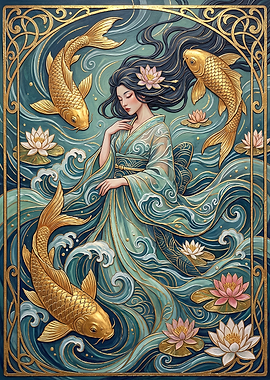 Elegant Woman with Golden Koi Fish