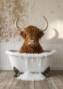 Highland Cow Taking a Bubble Bath