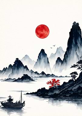 Japanese Landscape Red Sun Art