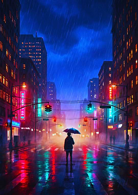 Person Standing in Rainy Neon City