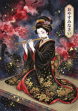 Geisha Playing Flute with Flowers