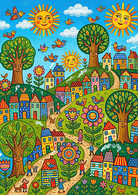 Whimsical Colorful Village Landscape Illustration