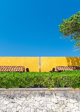 Vibrant Yellow Wall and Stone Fence