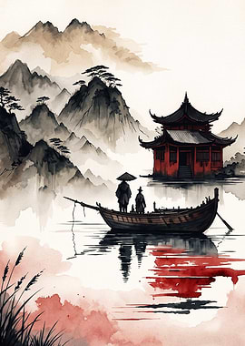 Japanese Temple Boat Watercolor Art