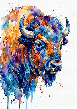 Colorful Watercolor Bison Portrait