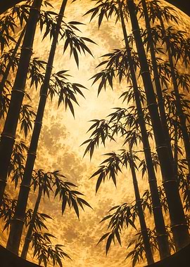 Bamboo Silhouettes Against Golden Moon