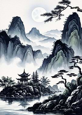 Asian Mountain Landscape Watercolor