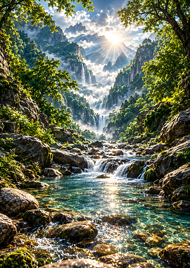 Sunlit Mountain Waterfall Landscape