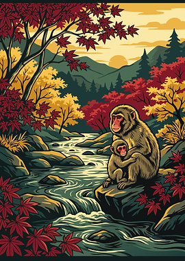Japanese Macaques by a Mountain Stream