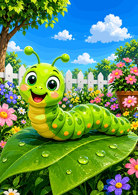 Cute Cartoon Caterpillar in Garden