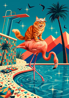 Retro Cat Riding Flamingo Poolside