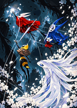 Hollow Knight Characters in Floral Setting