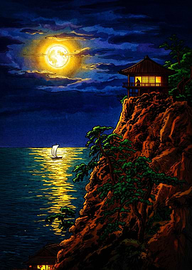 Traditional Japanese Moonlit Coastal Scene
