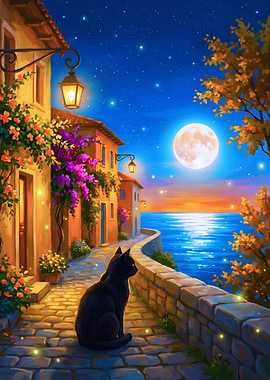 Black Cat Watching Moonlight by Sea