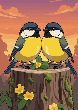 Two Cute Birds on a Stump