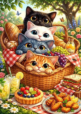 Four Cute Kittens in Picnic Basket