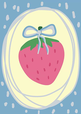 Cute Strawberry with Blue Ribbon