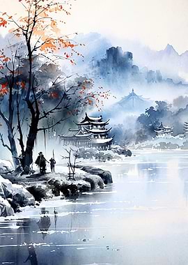 Asian Landscape Pagoda Watercolor A