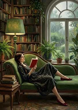 Woman Reading on Green Sofa