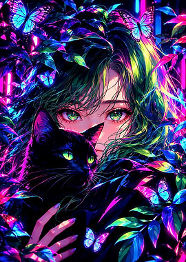 Neon Anime Girl with Black Cat