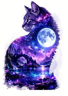 Cosmic Cat Silhouette Fantasy Landscape
