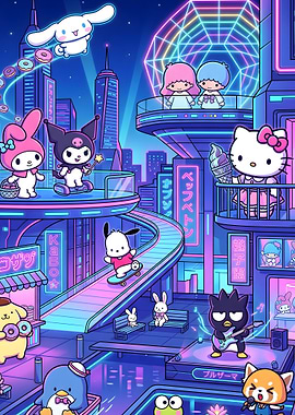 Sanrio Characters in Neon Cyberpunk City