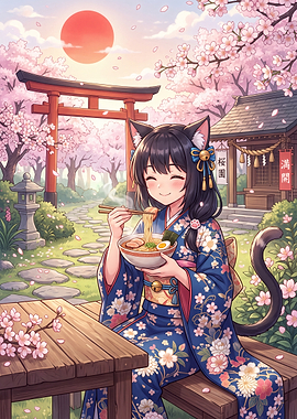 Cat Girl Eating Ramen in Spring