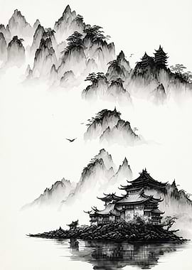 Mountain Temple Ink Wash Art Poster